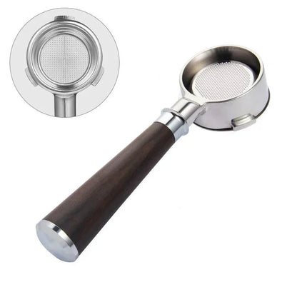54mm bottomless portafilter with wood handle on white background