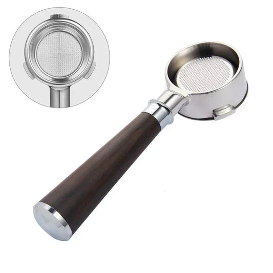 54mm bottomless portafilter with wood handle on white background