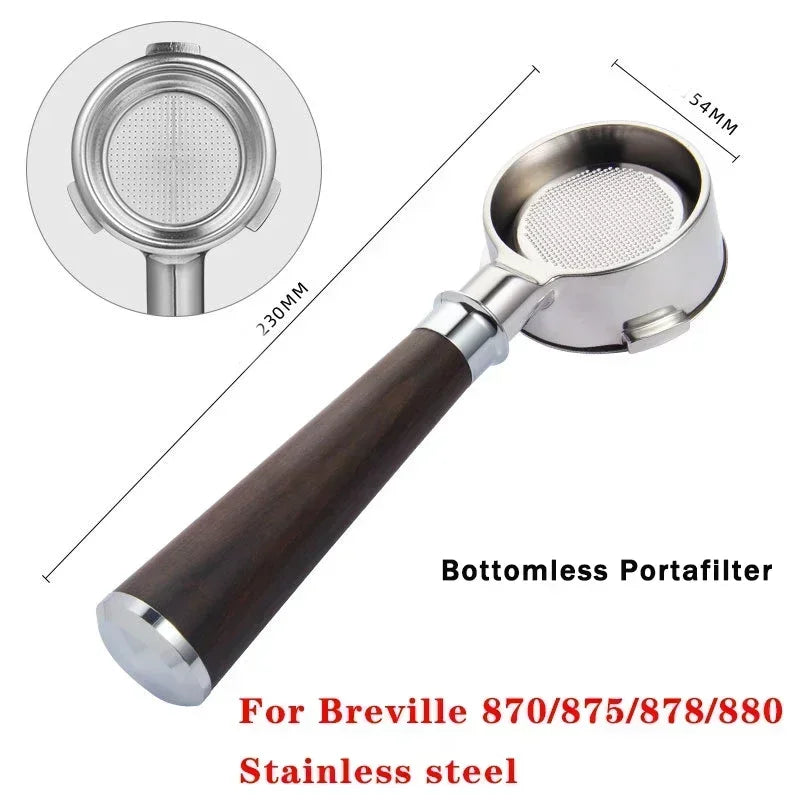 Wood-handled portafilter next to list of compatible models