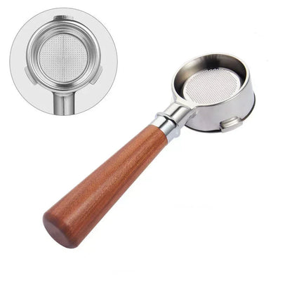 54mm bottomless portafilter with wood handle on white background