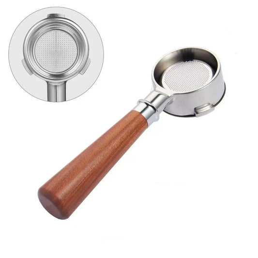 54mm bottomless portafilter with wood handle on white background