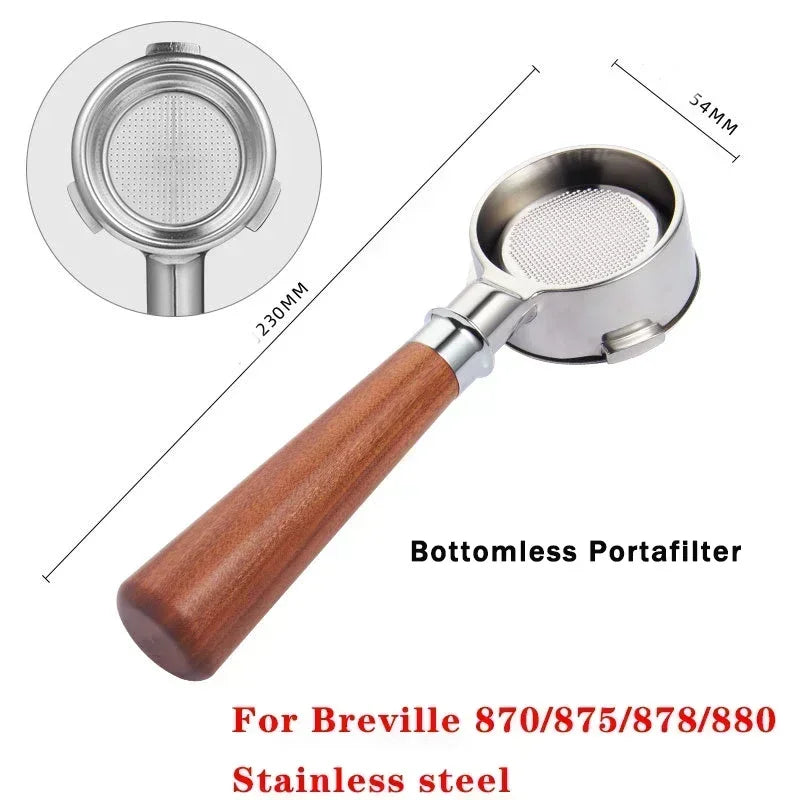 Wood-handled portafilter next to list of compatible models