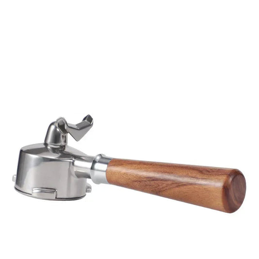 54mm double mouth portafilter with wooden handle on a white background