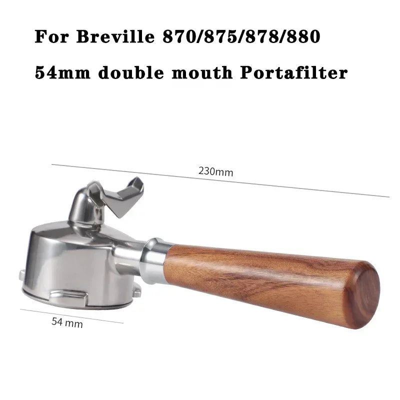 54mm double mouth portafilter with wooden handle on a white background