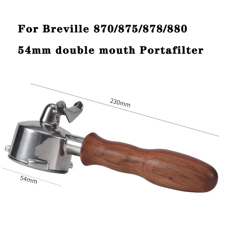 54mm double mouth portafilter with wooden handle on a white background