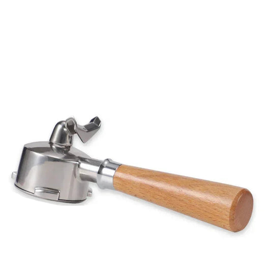 54mm double mouth portafilter with wooden handle on a white background