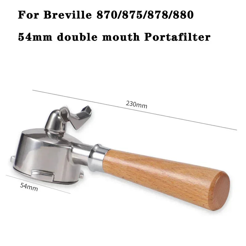 54mm double mouth portafilter with wooden handle on a white background