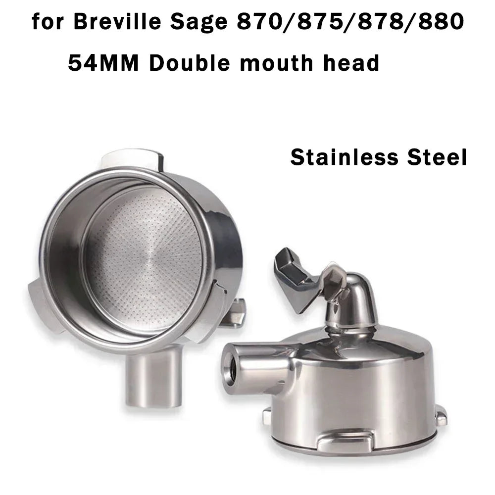 Stainless steel portafilter component with text indicating compatibility and size
