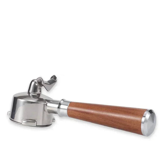 54mm double mouth portafilter with wooden handle on a white background