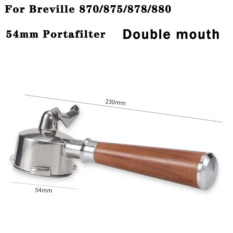 54mm double mouth portafilter with wooden handle on a white background