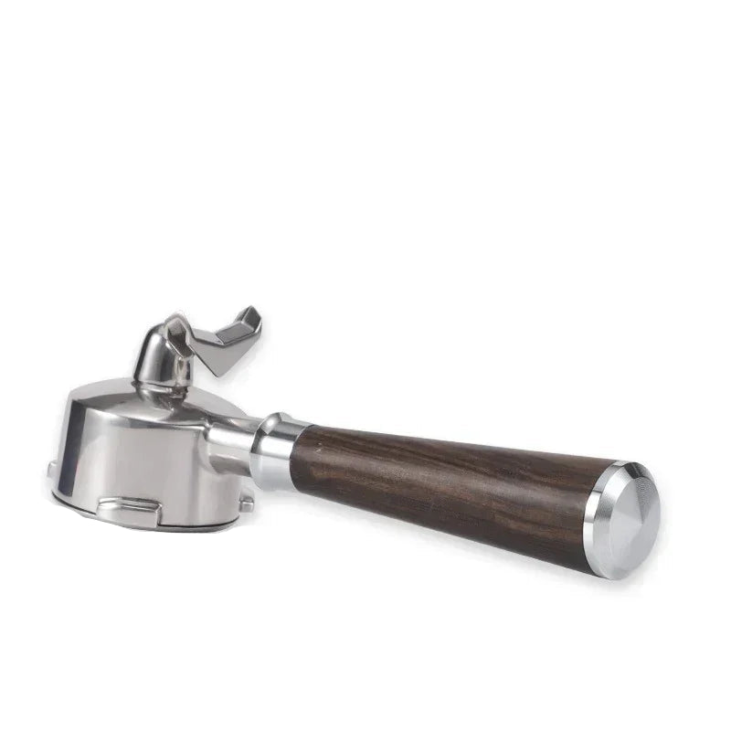 54mm double mouth portafilter with wooden handle on a white background