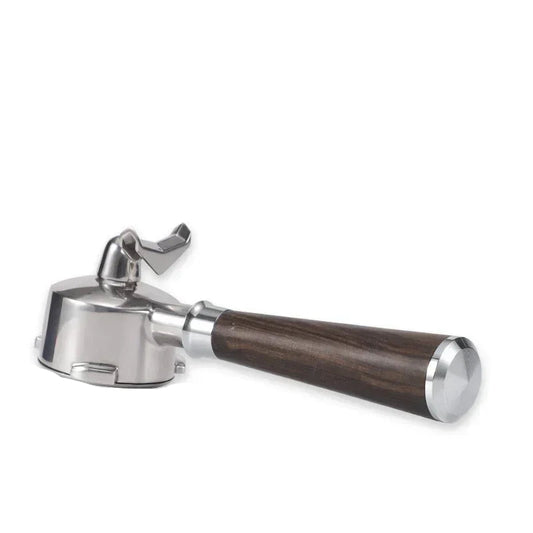 54mm double mouth portafilter with wooden handle on a white background