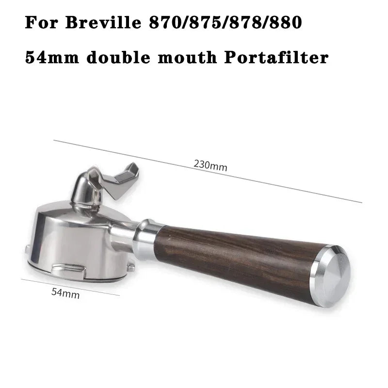 54mm double mouth portafilter with wooden handle on a white background