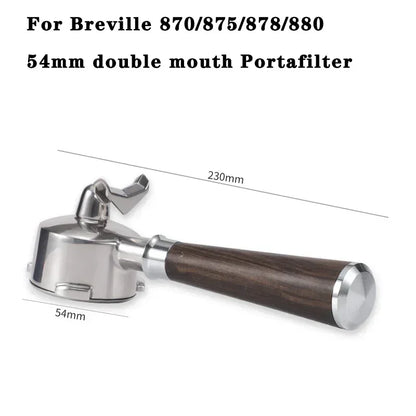 54mm double mouth portafilter with wooden handle on a white background