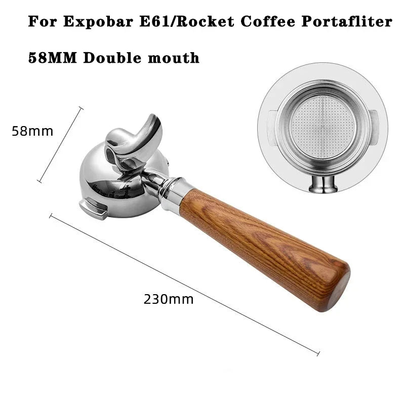 58mm double spout portafilter and metal filter, showing dimensions.