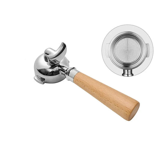 58mm double spout portafilter and metal filter on white background