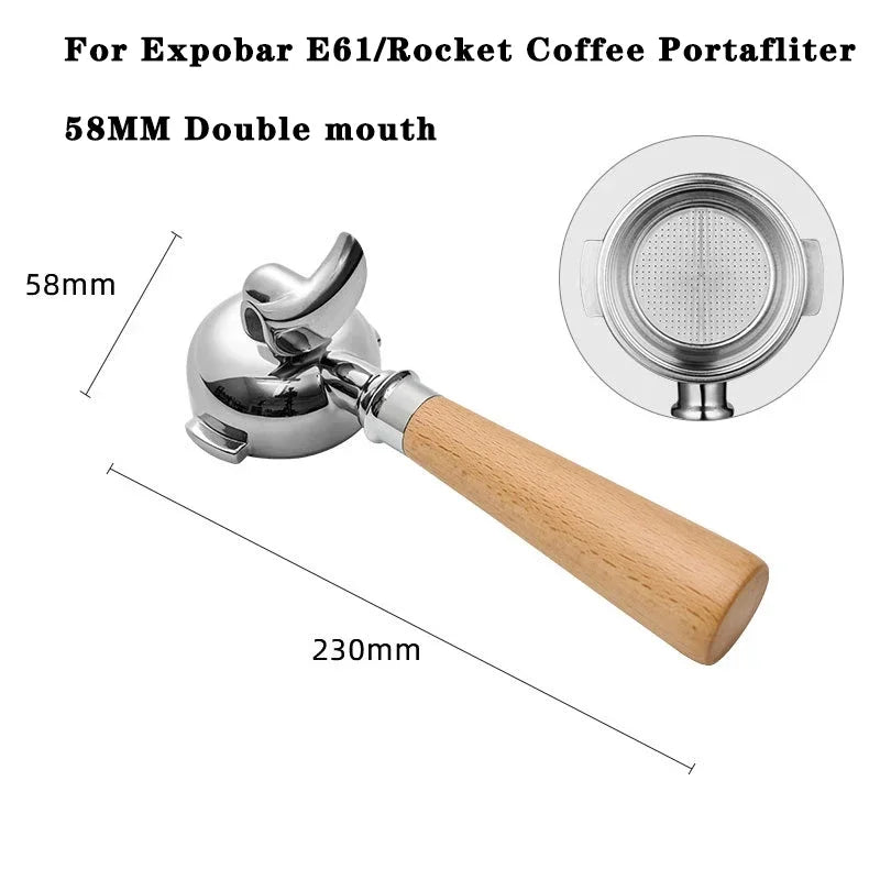 58mm double spout portafilter and metal filter, showing dimensions.