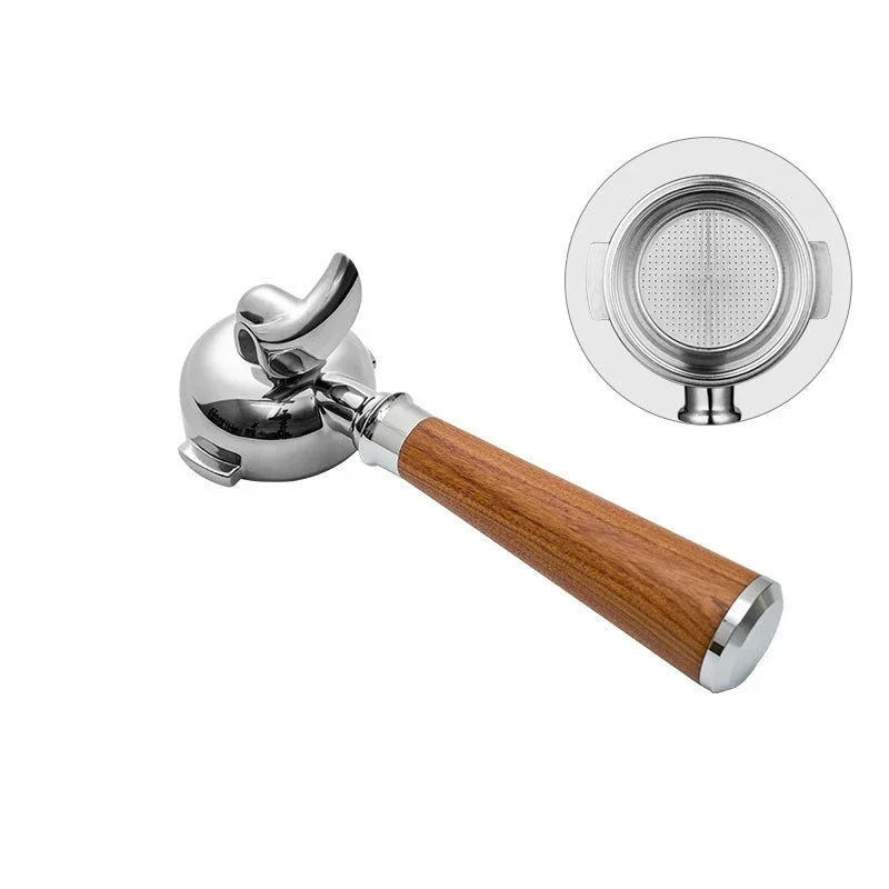 58mm double spout portafilter and metal filter on white background