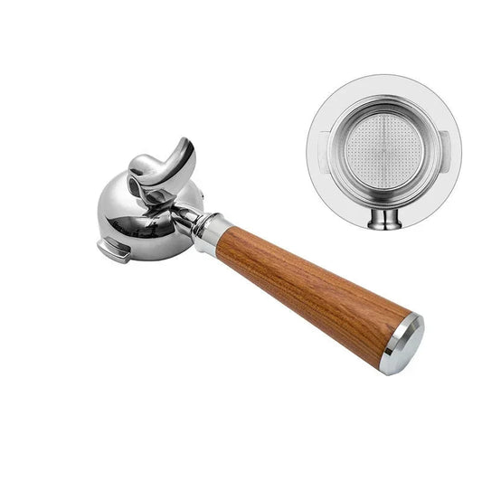 58mm double spout portafilter and metal filter on white background