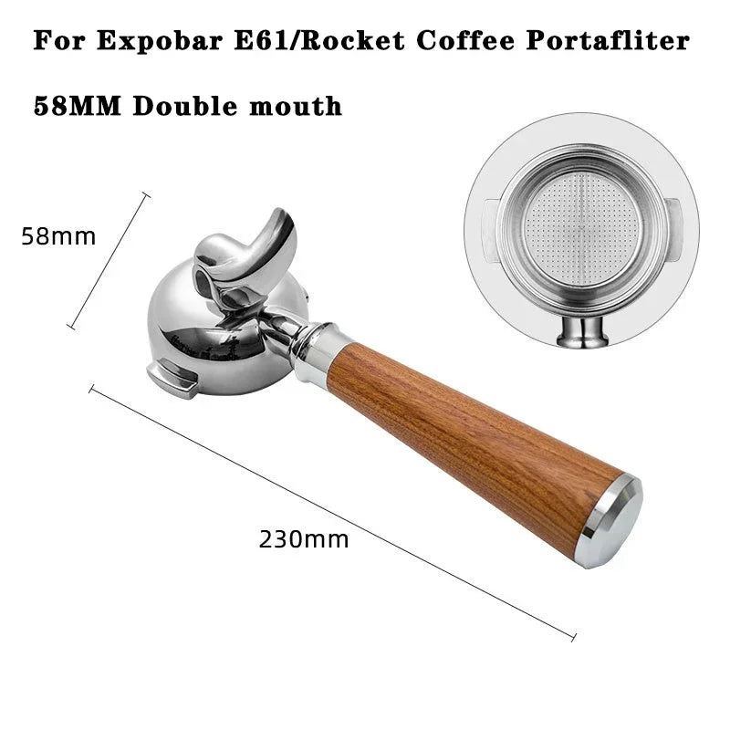 58mm double spout portafilter and metal filter, showing dimensions.