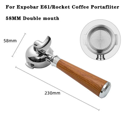 58mm double spout portafilter and metal filter, showing dimensions.