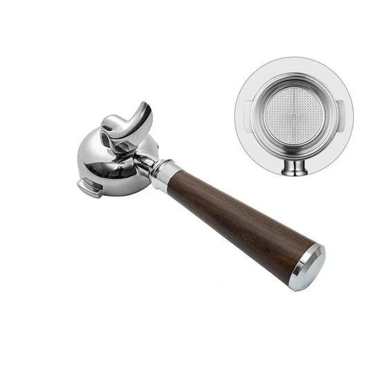 58mm double spout portafilter and metal filter on white background