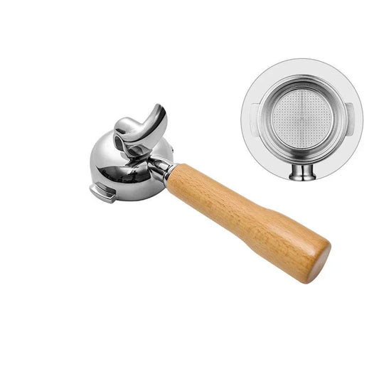 58mm double spout portafilter and metal filter on white background