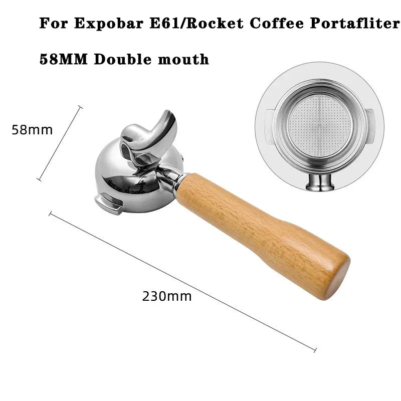 58mm double spout portafilter and metal filter, showing dimensions.