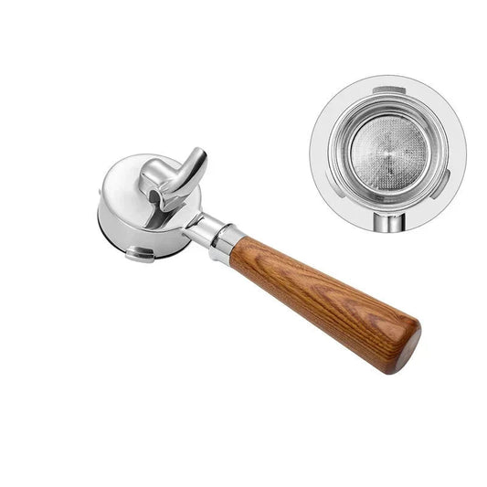 58mm portafilter with wood handle and metal filter on white background