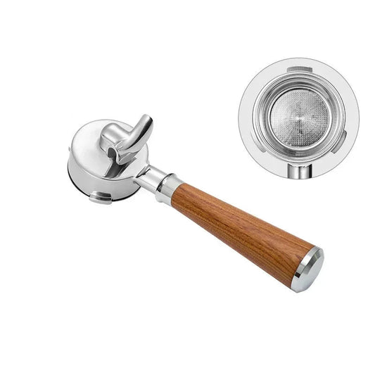 58mm portafilter with wood handle and metal filter on white background
