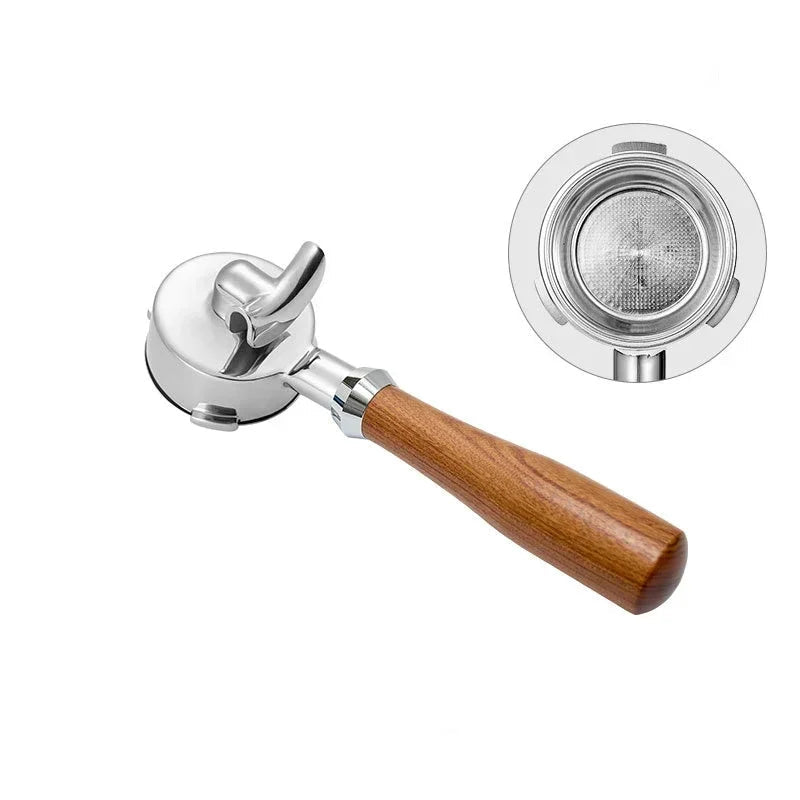 58mm portafilter with wood handle and metal filter on white background