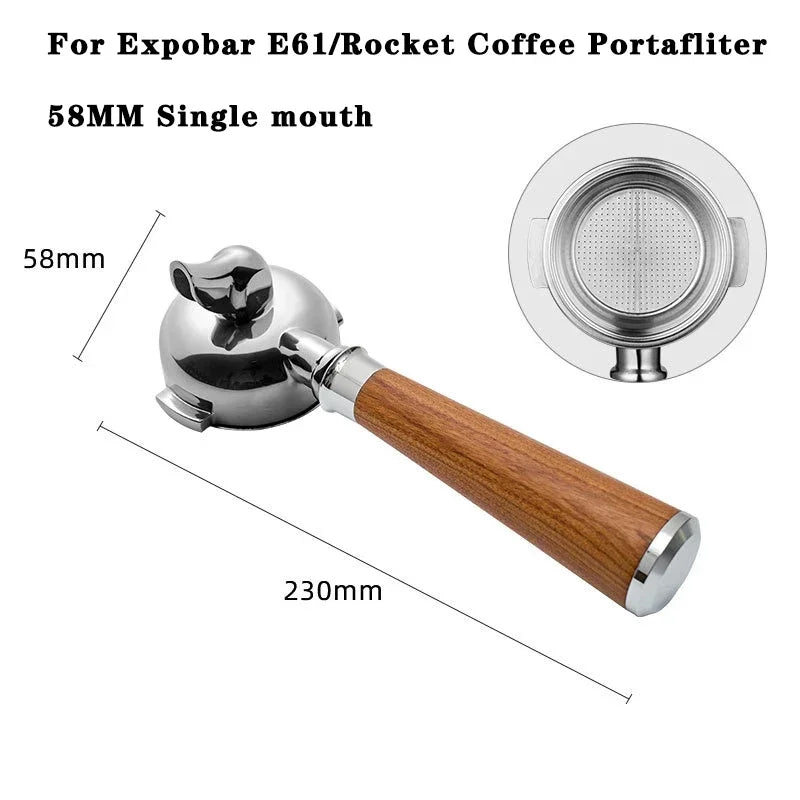 58MM single spout portafilter and metal filter, showing dimensions.