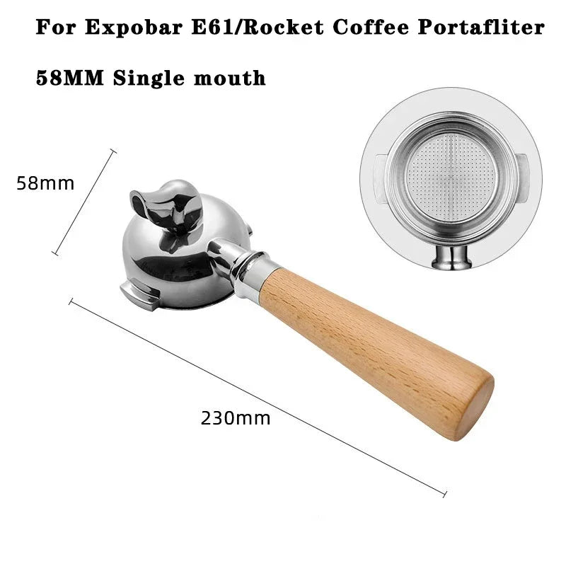 58MM single spout portafilter and metal filter, showing dimensions.