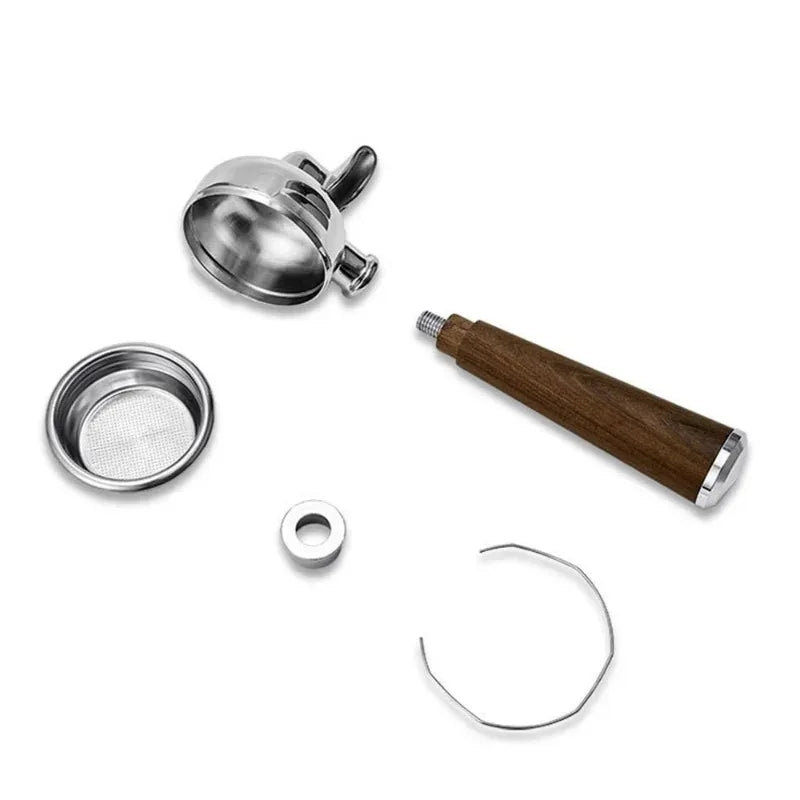 Components of a disassembled portafilter on a white background