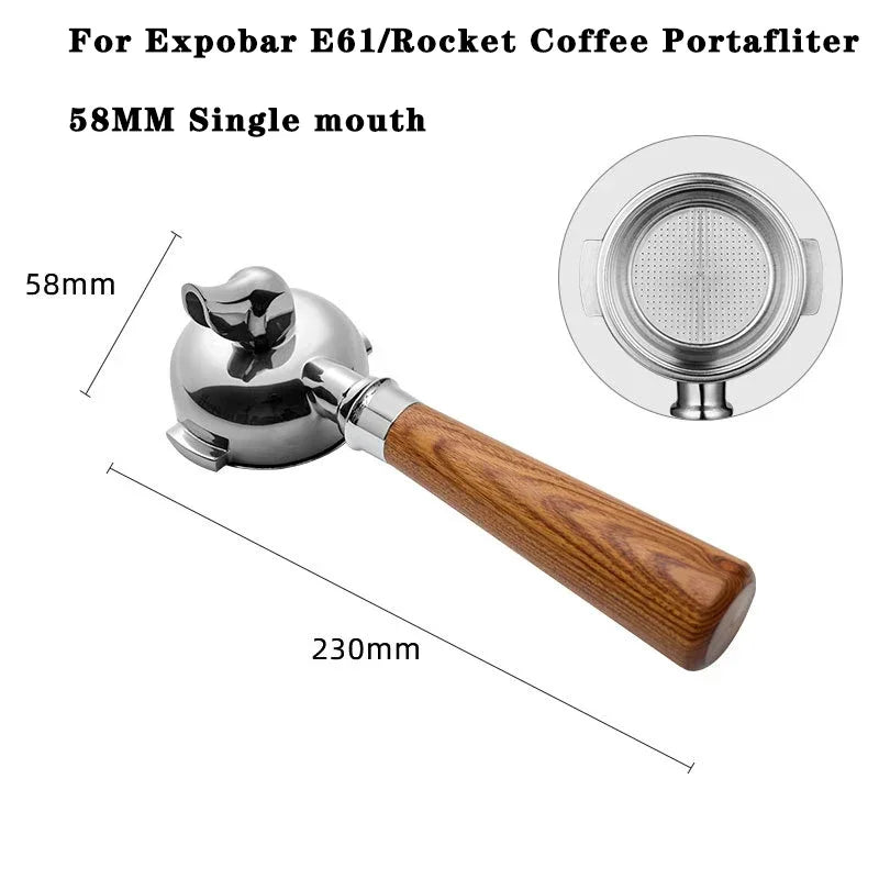 58MM single spout portafilter and metal filter, showing dimensions.