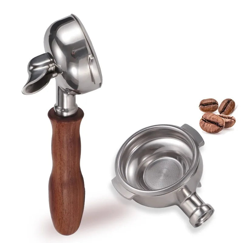 58mm single spout portafilter and metal filter on white background with coffee beans.