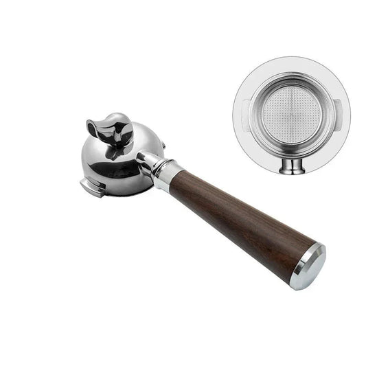 58mm single spout portafilter and metal filter on white background