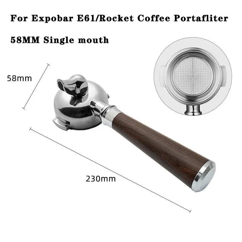 58MM single spout portafilter and metal filter, showing dimensions.
