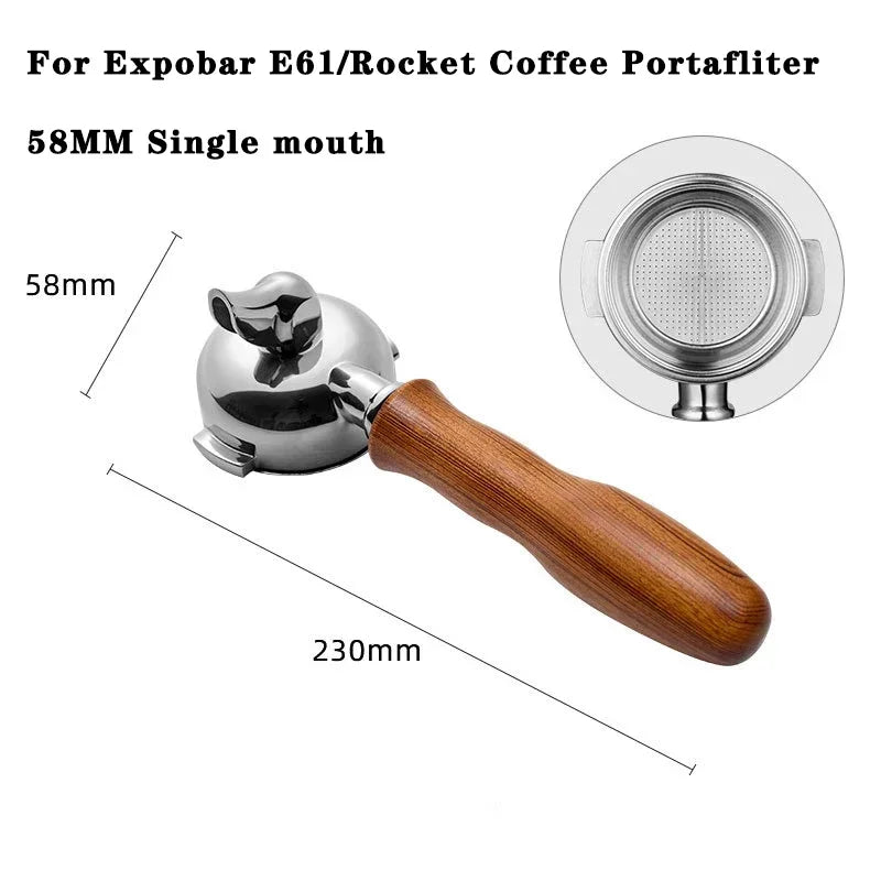 58MM single spout portafilter and metal filter, showing dimensions.