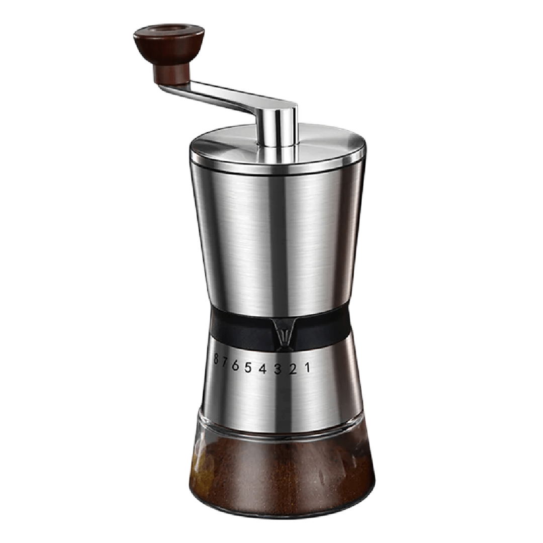 Manual coffee grinder with wooden base and stainless steel body on a white background