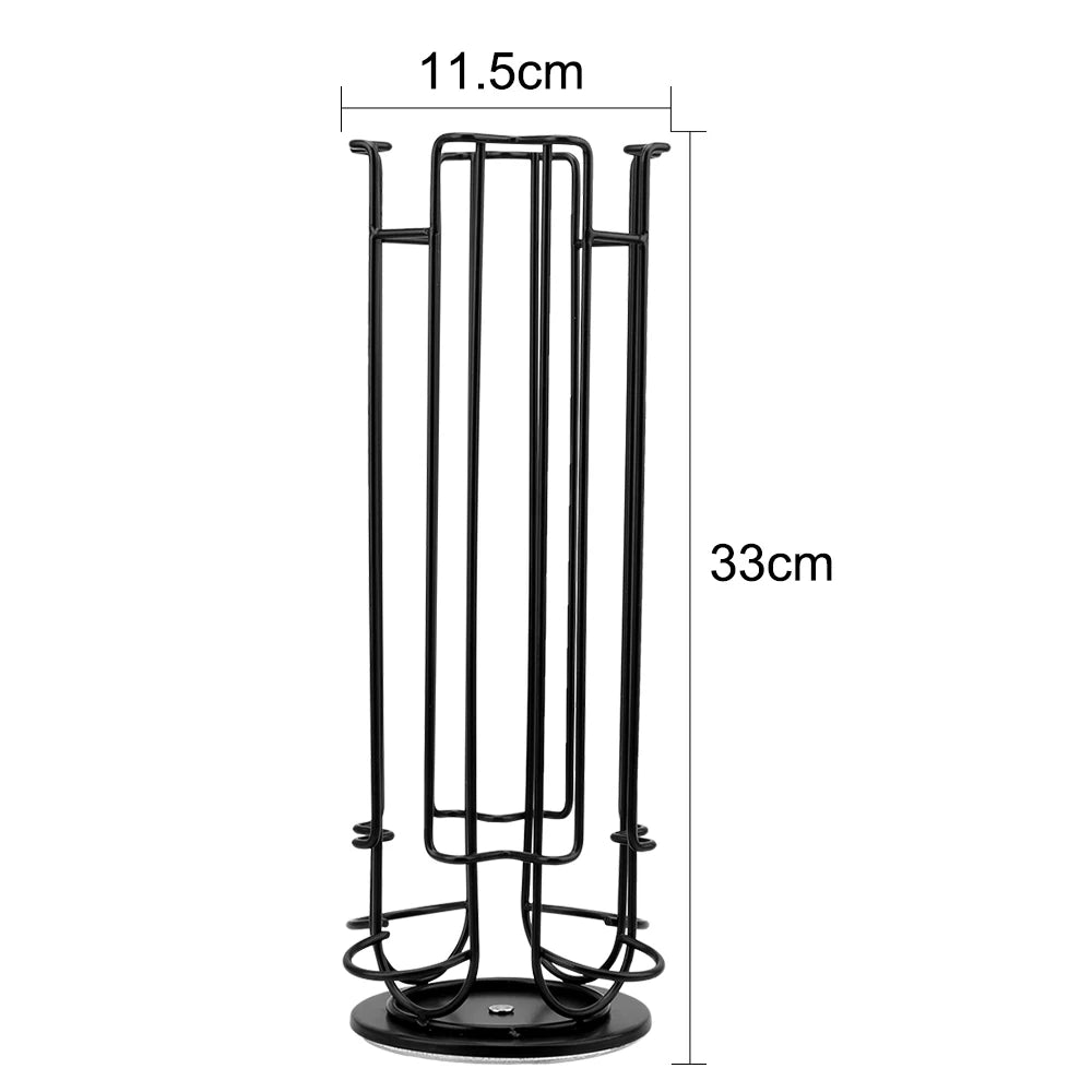 Black metal coffee pot holder with dimensions labeled on a white background