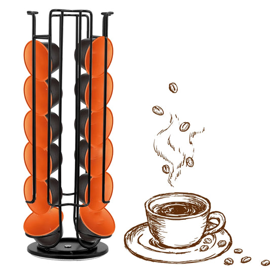 Orange coffee pod holder with black stand on a white background, featuring a cup of coffee and coffee beans illustration.