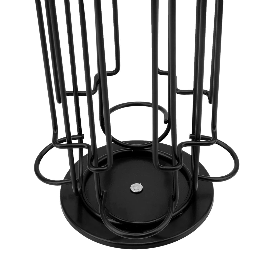 Black metal coffee pot holder with multiple hooks on a white background