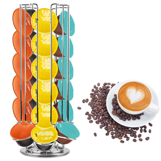 Colorful coffee pod organizer with a cup of coffee and coffee beans on a white background