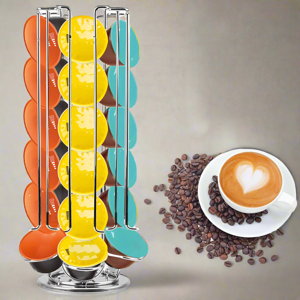 Colorful coffee pod organizer with a cup of coffee and coffee beans on a white background