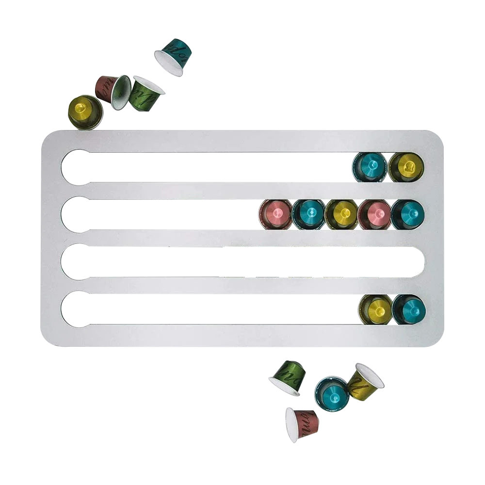Metallic white holder with colorful coffee capsules on a white background