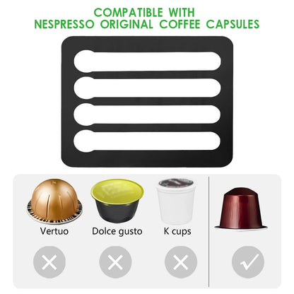 coffee pod holder with compatibility chart for Nespresso, Dolce Gusto, K cups, and Vertuo coffee capsules.
