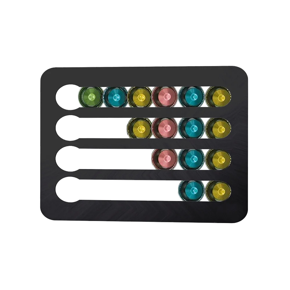 Black holder with colorful coffee pods on a white background