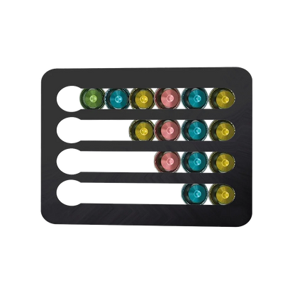 Black holder with colorful coffee pods on a white background