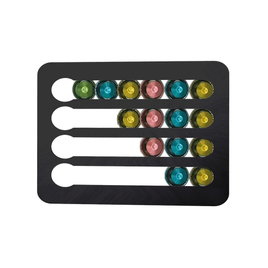 Black holder with colorful coffee pods on a white background